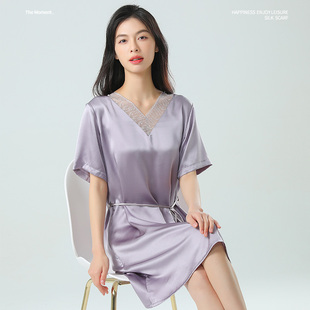 淡紫色桑蚕丝真丝睡裙花边蕾丝V领纯色性感睡衣宽松家居服妈妈女