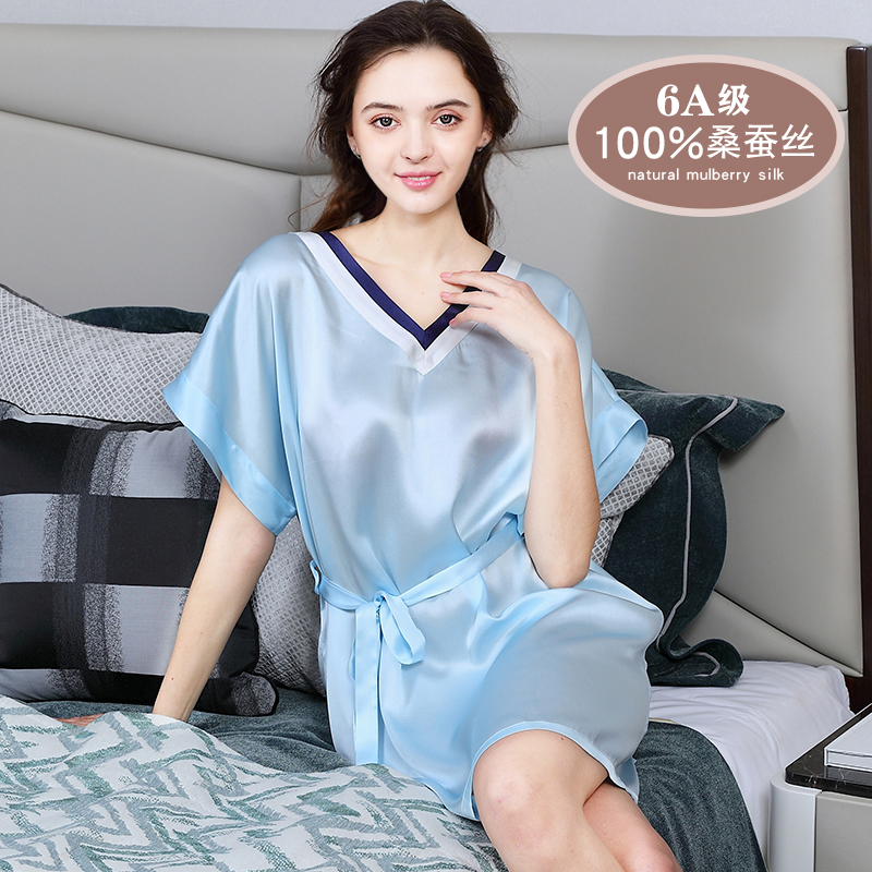 杭州丝绸高档100%桑蚕丝睡裙纯色宽松加大码腰带短袖家居服夏睡衣