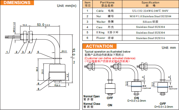 水位感应液位开关不锈钢浮球开关90度角弯型螺丝是M10干簧管感应