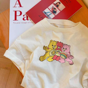男女童新款 100%纯棉夏季 洋气短袖 t恤韩版 儿童卡通印花小熊上衣服