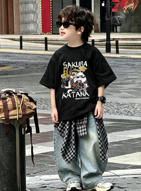 日系潮牌卡通印花纯棉短袖T恤男童夏季宽松体恤黑色半袖男孩上衣