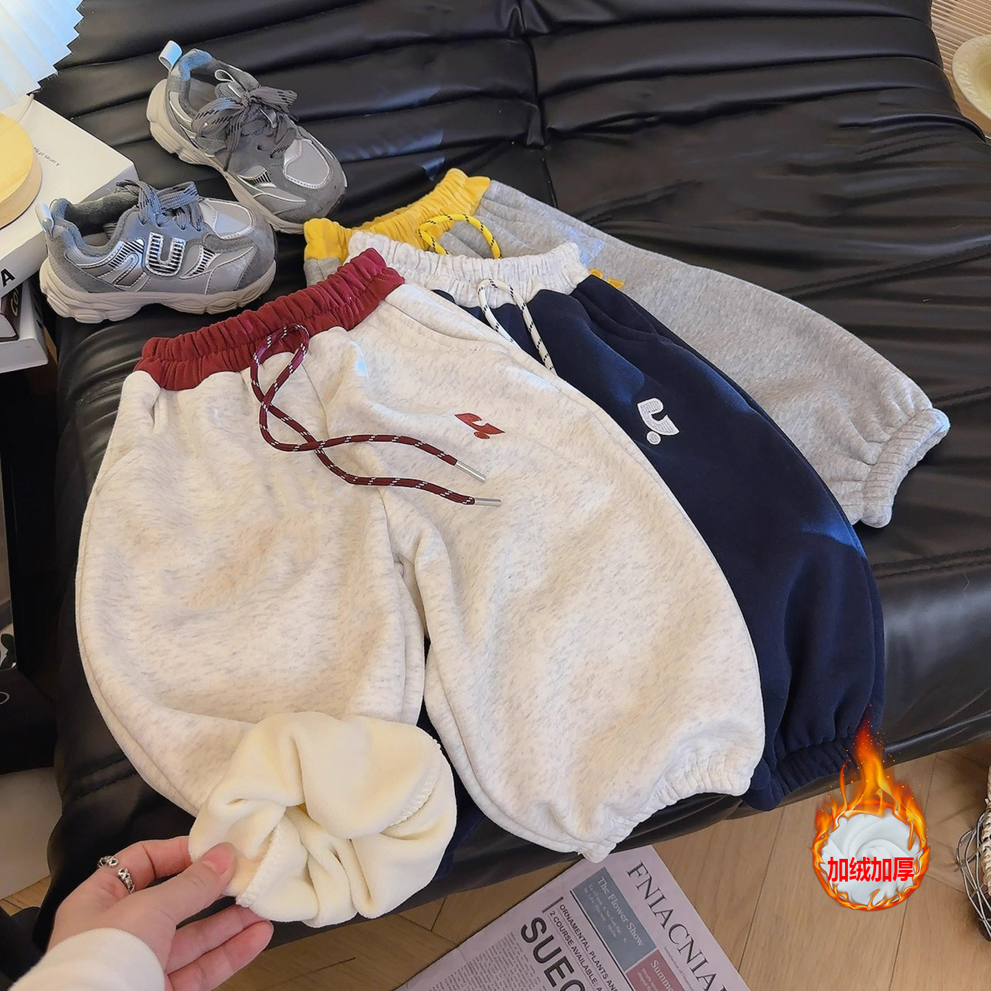 男童裤子加绒春秋冬款韩版中小童拼色休闲长裤儿童运动裤束脚卫裤