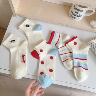 春夏可爱卡通刺绣苹果短筒纯棉女袜百搭撞色波点日系学院风船袜女