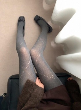 复古菱格镂空连裤袜春秋薄款高透微压显瘦格雷系秋季外穿打底裤袜