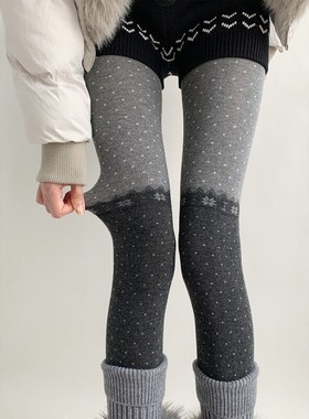 新品春秋冬保暖雪花波点连裤袜子女拼接撞色打底裤不掉档百搭裤袜