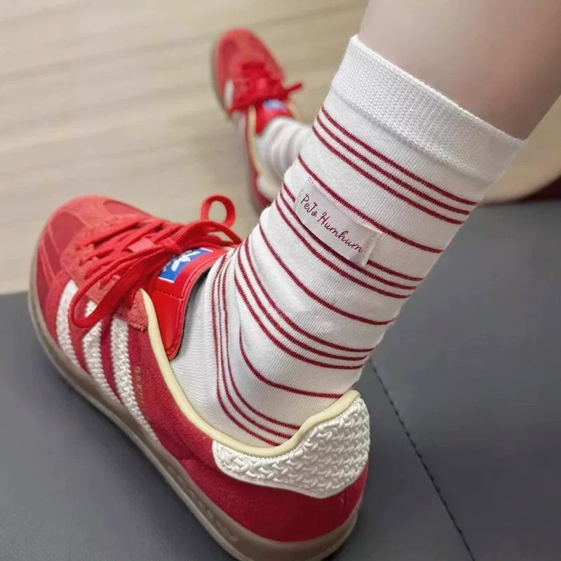 美式英文布标~学院风细条纹长筒袜子全棉女春夏ins风无骨堆堆袜