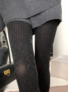 25春秋款竖纹银丝连裤袜女黑色打底裤亮晶晶韩系微透性感显瘦裤袜