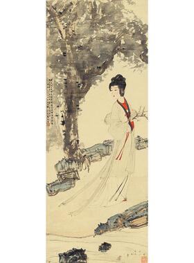 名画复制品傅抱石细擎桃花掷流水人物画仕女图国画艺术微喷装饰画