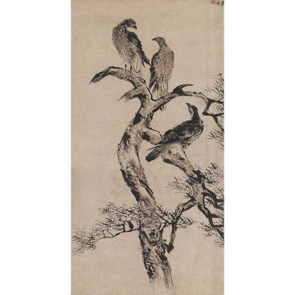 高清复刻清代高其佩手指画松鹰图国画水墨画雄鹰猛禽图微喷装饰画