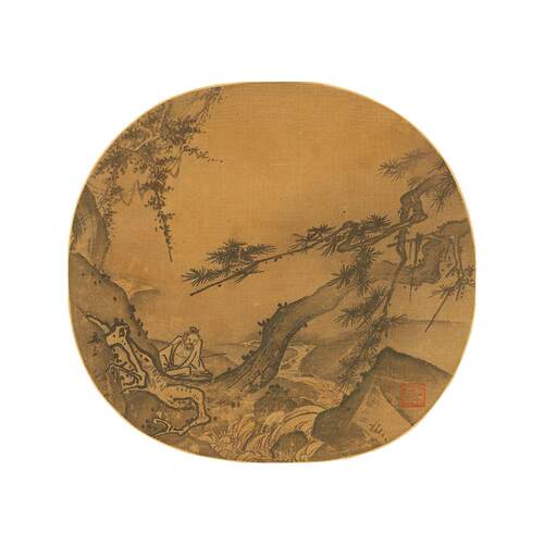 高清复刻宋画小品马远松岩观瀑图国画禅意山水人物艺术微喷装饰画