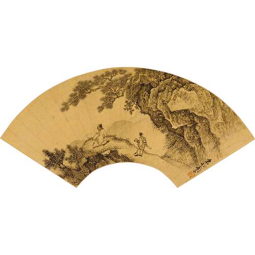 名画复制品周臣携琴看山写意山水人物画扇面国画艺术微喷装饰画