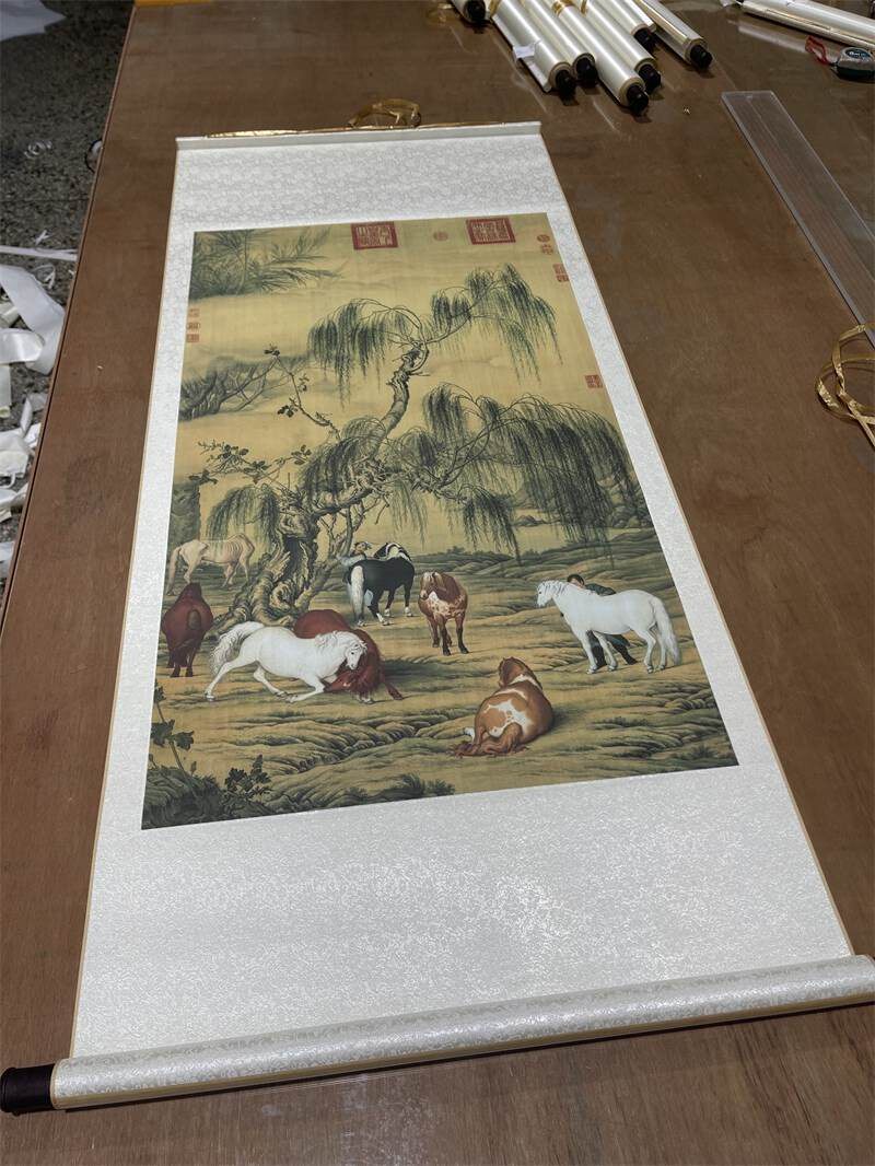 艺术微喷画芯酒店配画郎世宁-八骏图竖款仿古字画装裱挂画定制