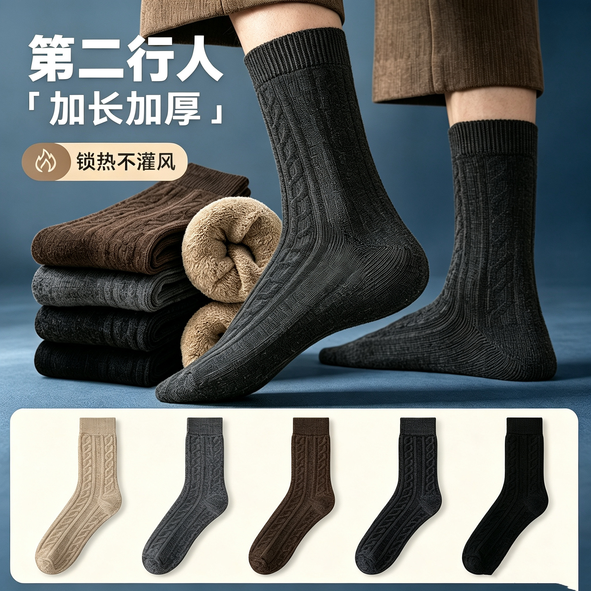 5双装第二行人加厚保暖男长筒袜