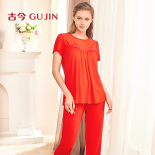 蕾丝舒适家居服7I2187 俩件套薄款 古今睡衣女纯色圆领套头短袖 长裤