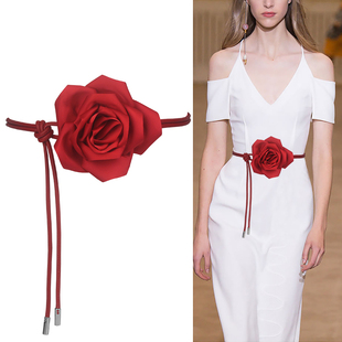 时尚 花朵红色 百搭连衣裙腰带喜庆舞蹈腰花纯手工玫瑰花颈饰系个性