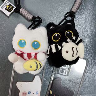 可爱呆萌包小鱼大眼黑猫挂件毛绒玩偶情侣包挂件创意小黑猫钥匙扣