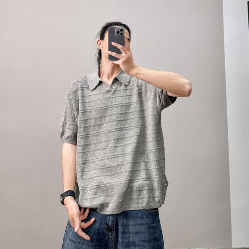 PGUP STUDIO老钱风毛织肌理感翻领POLO衫男短袖宽松针织T恤上衣潮