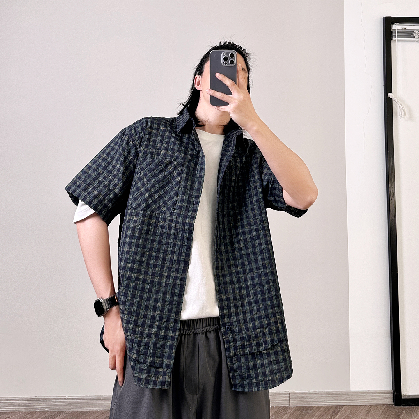 PGUP STUDIO复古格子泡泡纱短袖衬衫男女夏季中性风休闲宽松衬衣