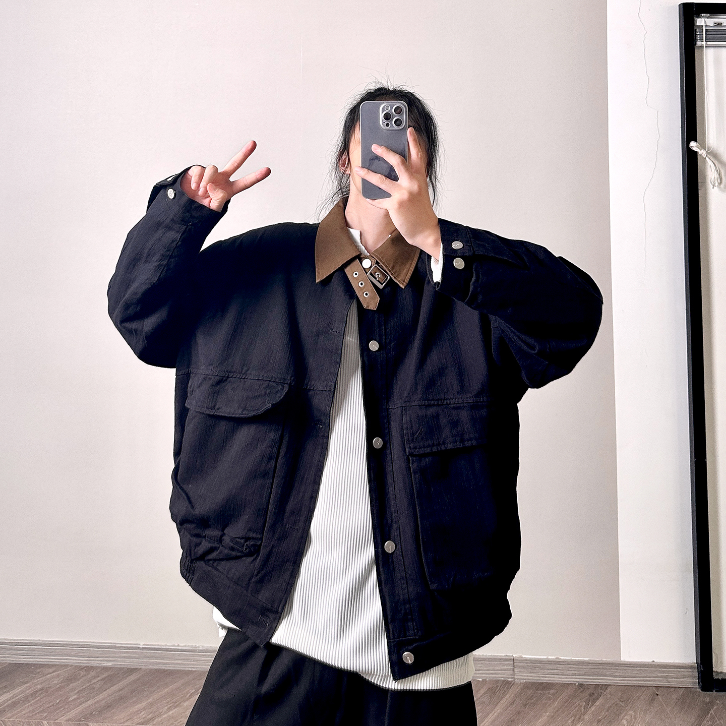 PGUP STUDIO美式复古牛仔皮领工装夹克男女宽松翻领棉布外套潮牌