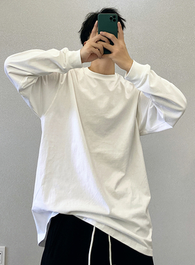 重磅高端潮牌纯棉白色纯色宽松圆领打底衫长袖T恤男内搭上衣服白t