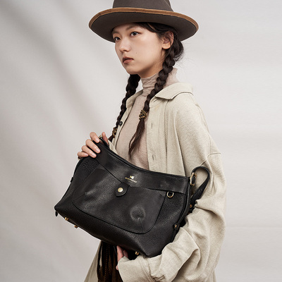 HKWORKSHOP植鞣牦牛皮hobo包托特单肩斜跨腋下包黑色休闲通勤百搭