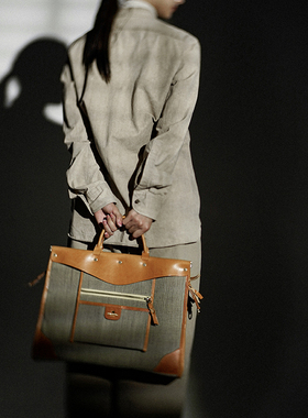 HK新品单肩手提斜挎公文通勤包手作防水绿幽灵面料电脑文件包