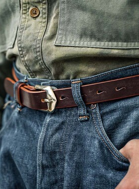 HKworkshop头层霍尔文牛皮铜扣对贴针扣植鞣革手工皮带复古腰带