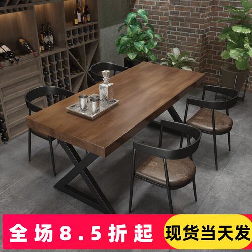 复古酒吧烧烤吧音乐餐厅工业风实木餐桌长方形铁艺咖啡厅桌椅组合