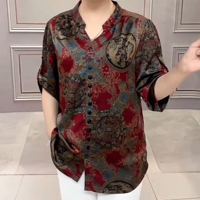 中年妈妈装高端洋气七分袖V领套头衫宽松显瘦遮肚上衣女加肥加大