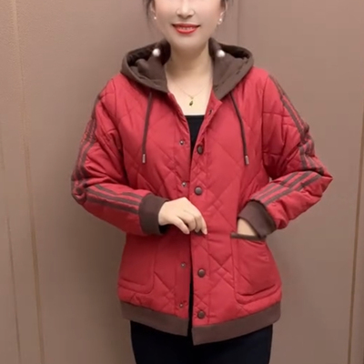 秋冬二棉服2024时尚新款连帽妈妈短款棉服棉袄棉外套中老年妈妈装