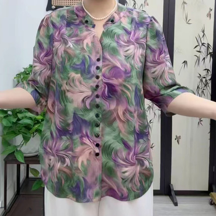 26年新款休闲减龄大码上衣百搭大码套头中年女高档凉快分袖小衫