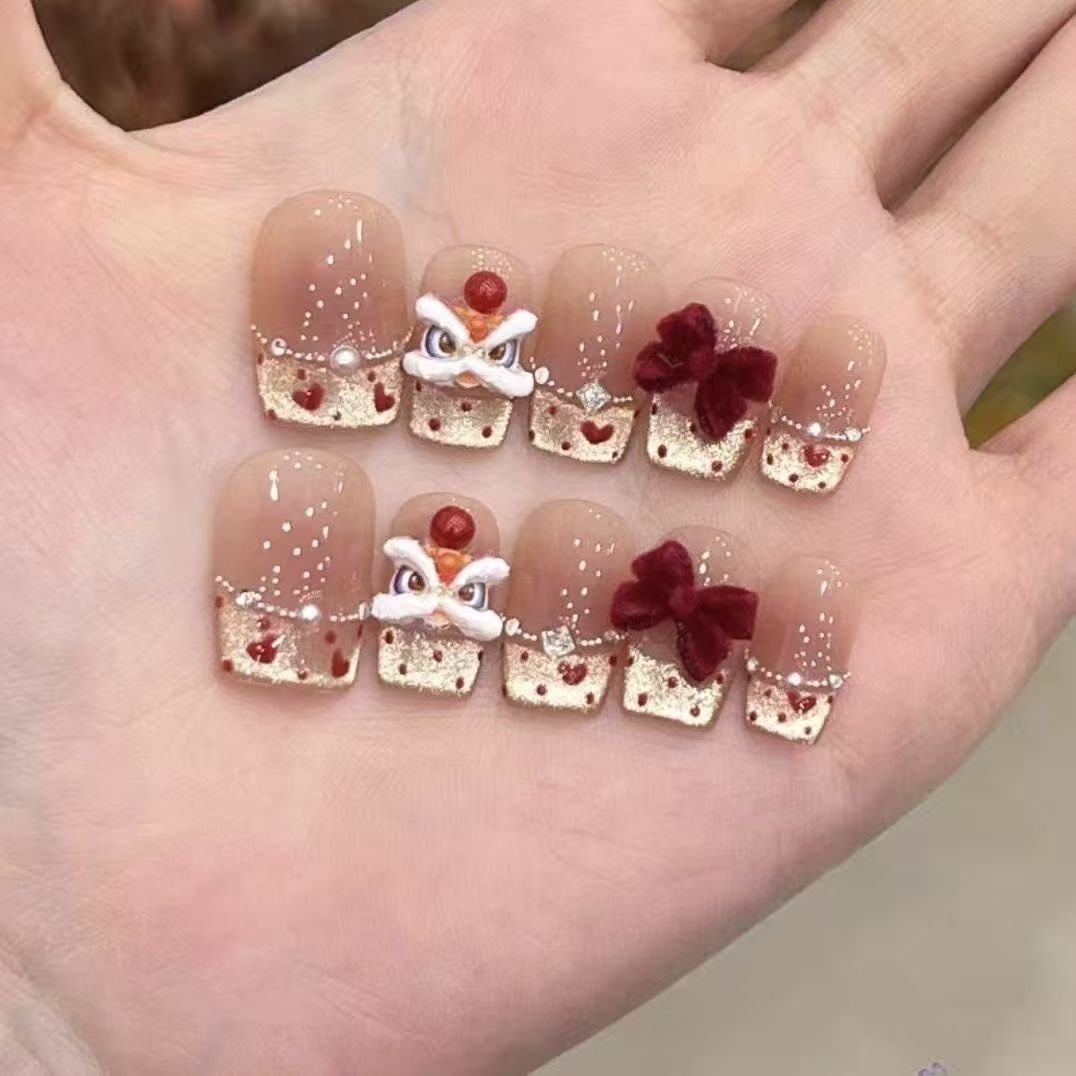 【心悦醒狮】新年醒狮短款穿戴纯手工美甲新款高级法式裸色蝴蝶结,彩妆/香水/美妆工具,穿戴甲/甲片,淘宝优惠券,粉丝福利购,淘宝优惠卷