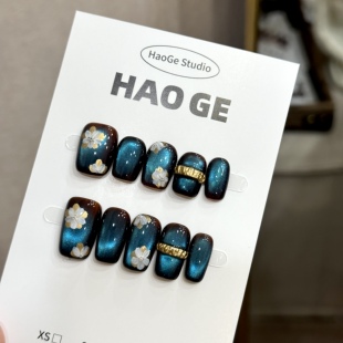 【蓝韵金箔】棕金花朵猫眼手工穿戴甲短款显白高级气质美甲贴片