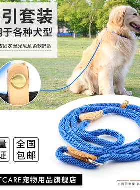 PETCARE 丝光柔软牵引绳P链套装 头层牛皮 狗绳泰迪金毛狗圈