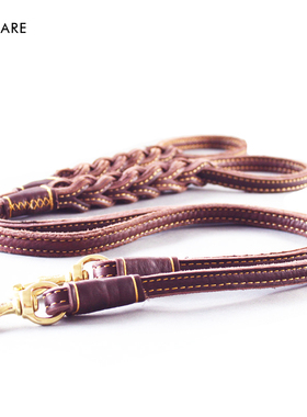 Petcare大中型犬编织头层宠物狗绳牵引绳进口牛皮黄铜扣德牧