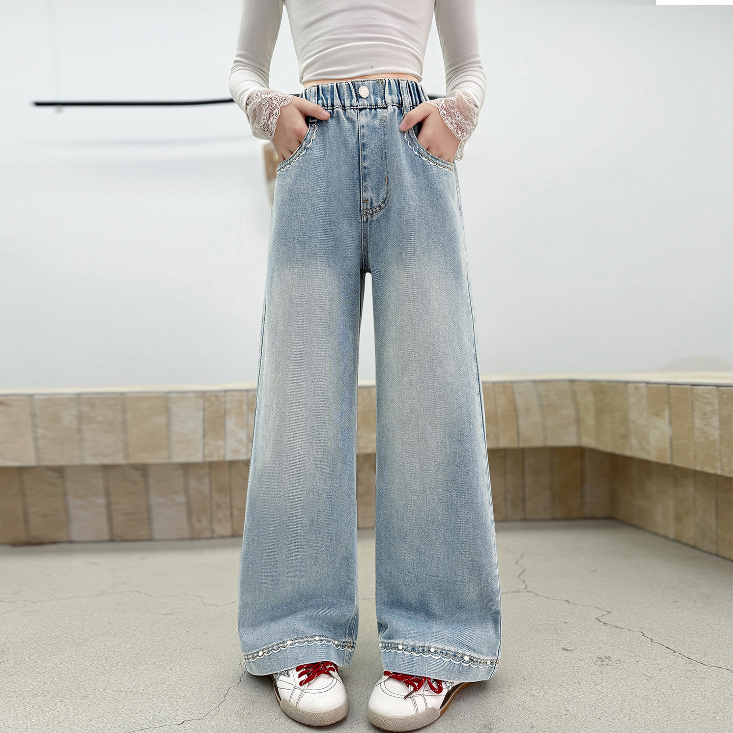 女童牛仔裤春秋2026新款初中生女孩裤子儿童长裤浅色阔腿裤中大童,童装/婴儿装/亲子装,裤子,淘宝优惠券,粉丝福利购,淘宝优惠卷