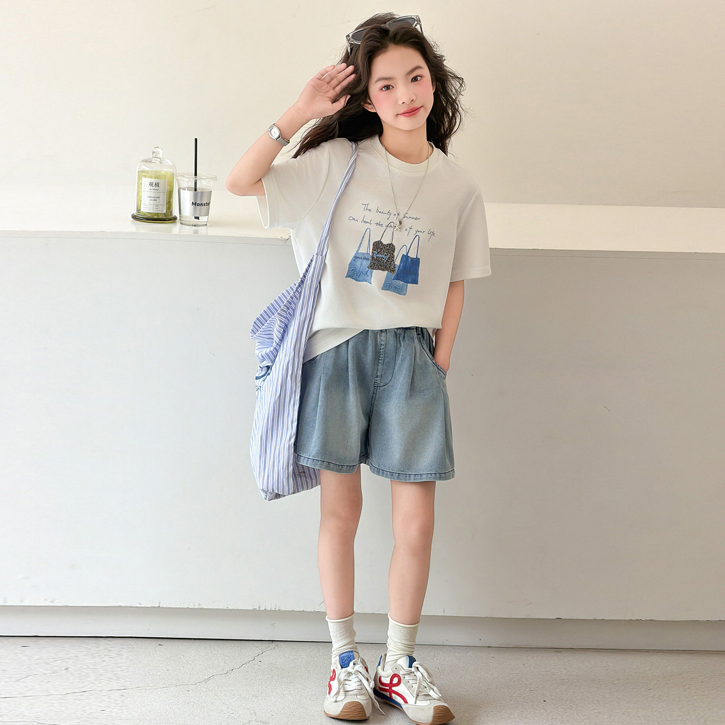 女童夏季套装2026新款洋气儿童T恤牛仔裤女孩短袖两件套宽松大童