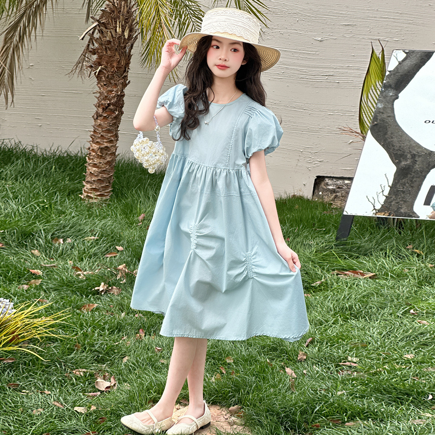 女童连衣裙夏季薄款裙子儿童夏装女孩蓝色泡泡短袖连身裙2026新款