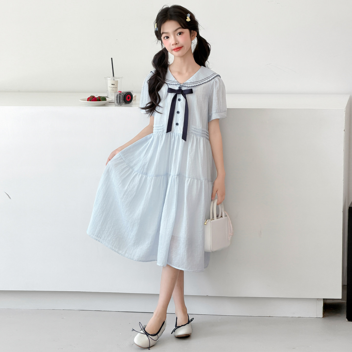 女童连衣裙夏季小女孩裙子2026新款夏装儿童短袖连身裙蓝色学院风