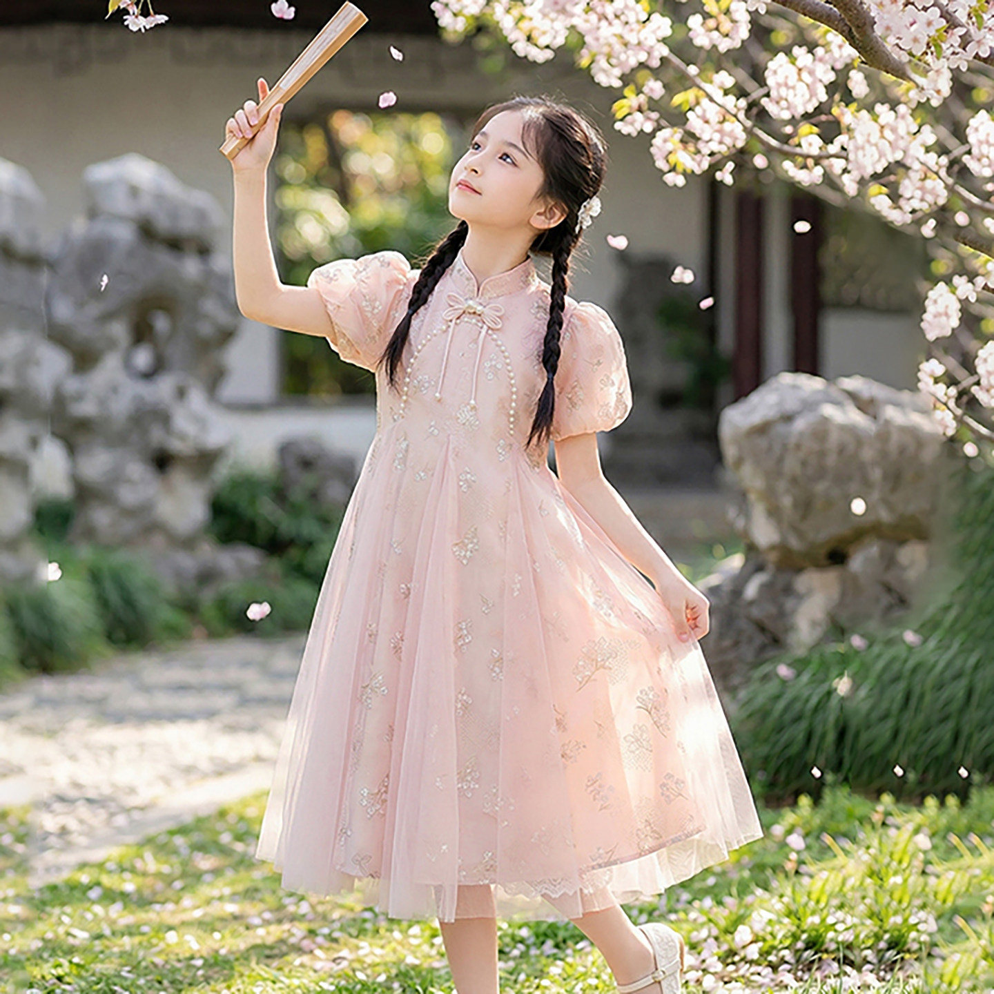 女童连衣裙夏季儿童裙子小女孩纱裙新中式国风泡泡袖2026新款粉色