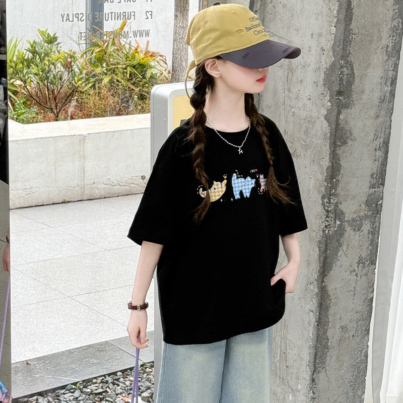 女童短袖t恤2026新款儿童上衣小女孩夏季半袖黑色中大童夏装薄款