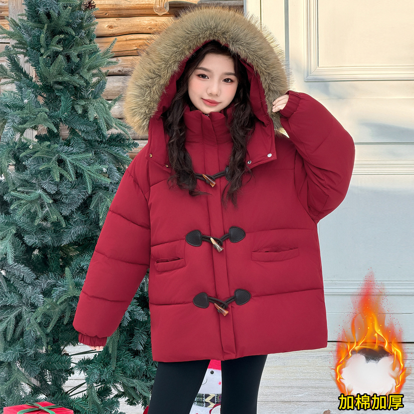 女童棉服外套儿童棉袄2025新款女孩冬装上衣冬季加厚红色连帽大童