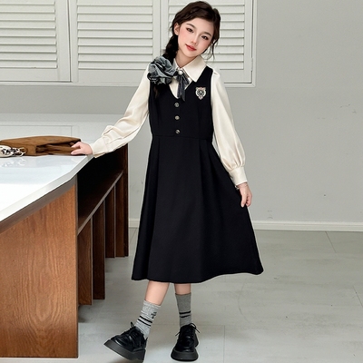 女童连衣裙长袖儿童裙子2025新款女孩青少年学院风假两件大童秋季