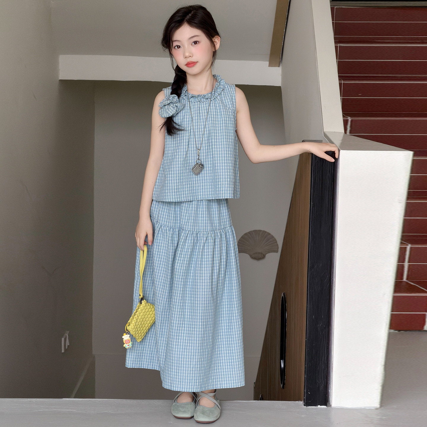 女童夏季套装2026新款时尚儿童衣服女孩格子半身裙无袖两件套大童