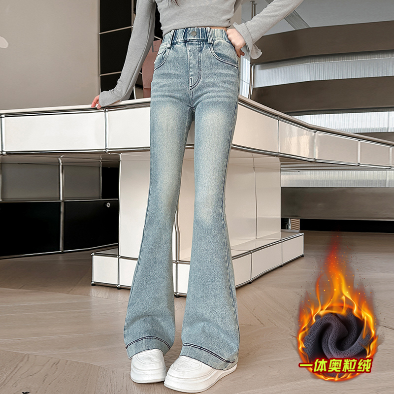 女童加绒牛仔裤2025新款一体绒微喇儿童裤子女孩喇叭裤大童秋冬季