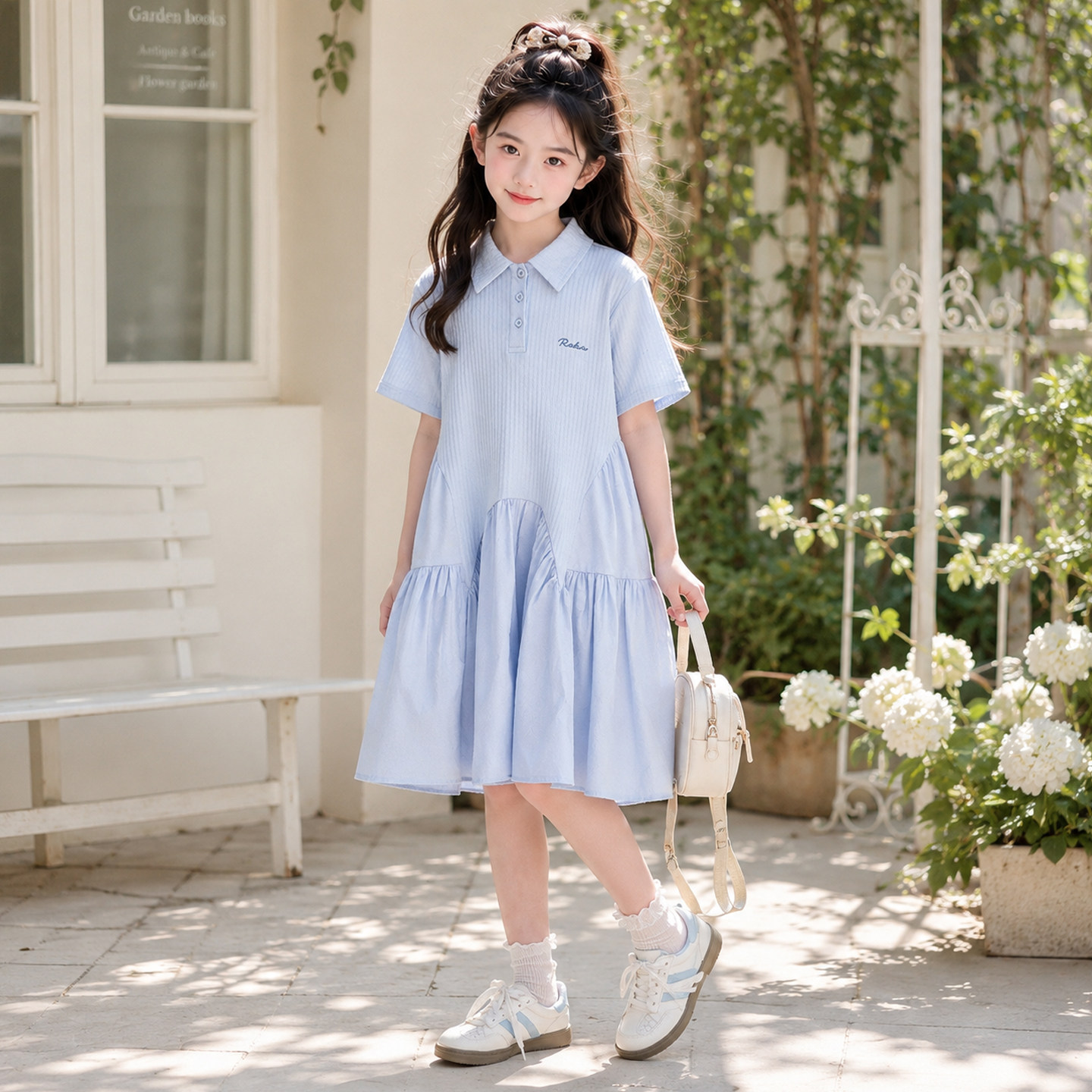 女童连衣裙儿童裙子夏季小女孩POLO领短袖连身裙蓝色洋气2026新款