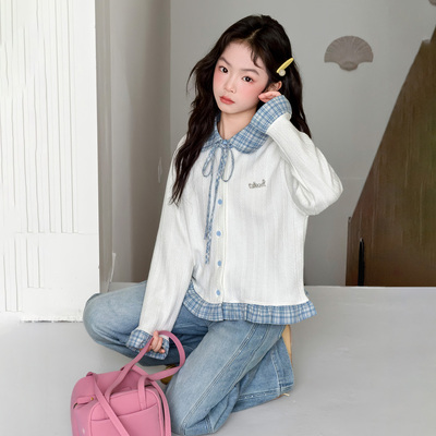 女童衬衫儿童衬衣春款2026新款超好看女孩春装长袖上衣娃娃领格子