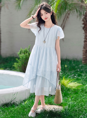 女童连衣裙夏季薄款女孩裙子儿童飞袖蓝色连身裙2026新款夏装大童