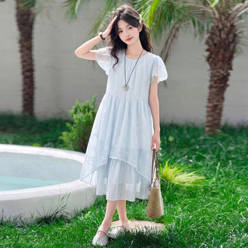 女童连衣裙夏季薄款女孩裙子儿童蓝色连身裙2026新款夏装大童长裙