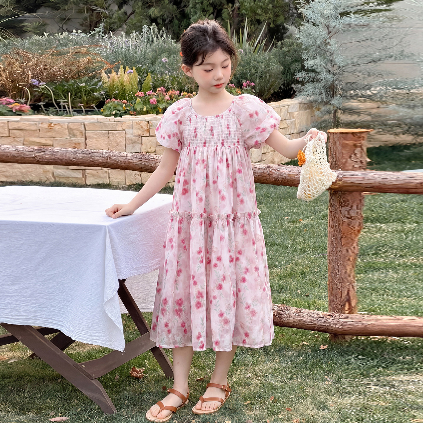 女童连衣裙夏季儿童裙子女孩短袖连身裙泡泡袖粉色碎花裙2026新款
